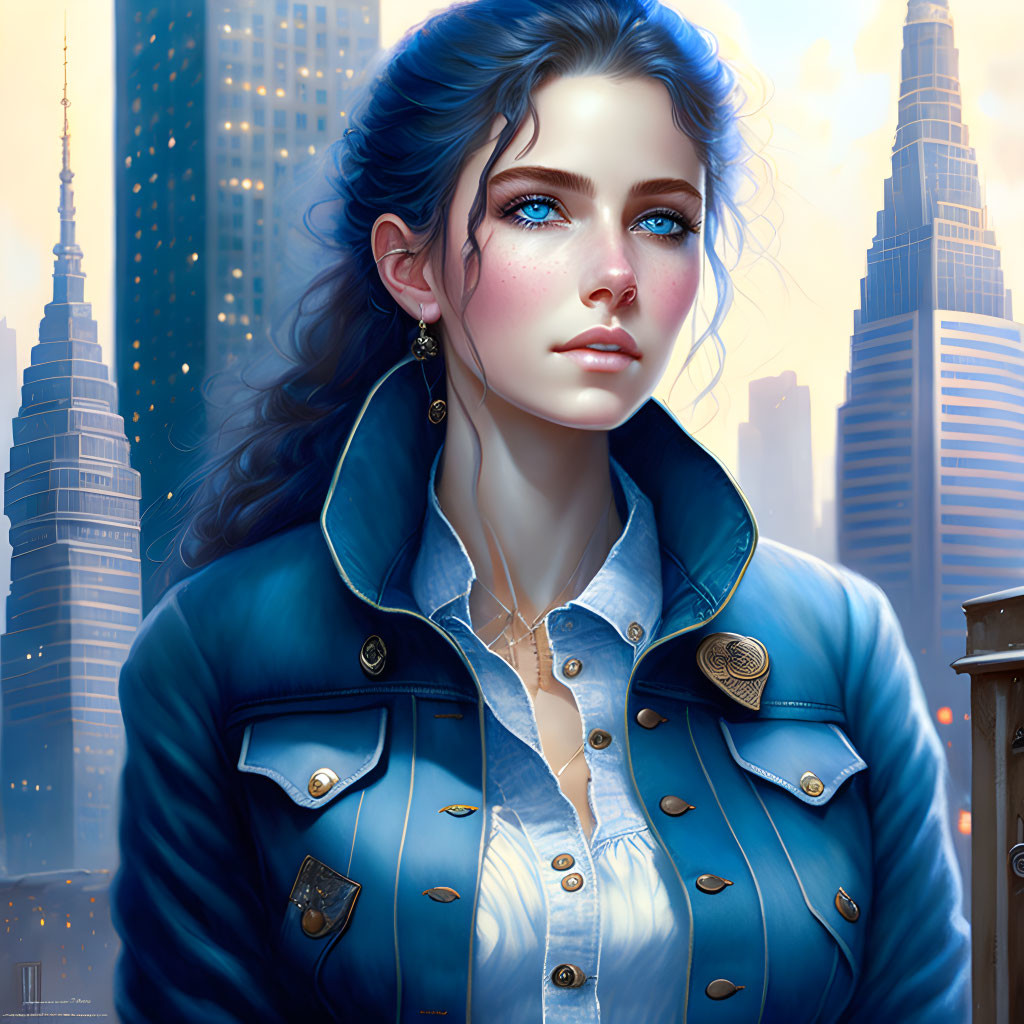 Digital illustration: Woman with blue hair and eyes in denim jacket, futuristic skyscrapers backdrop