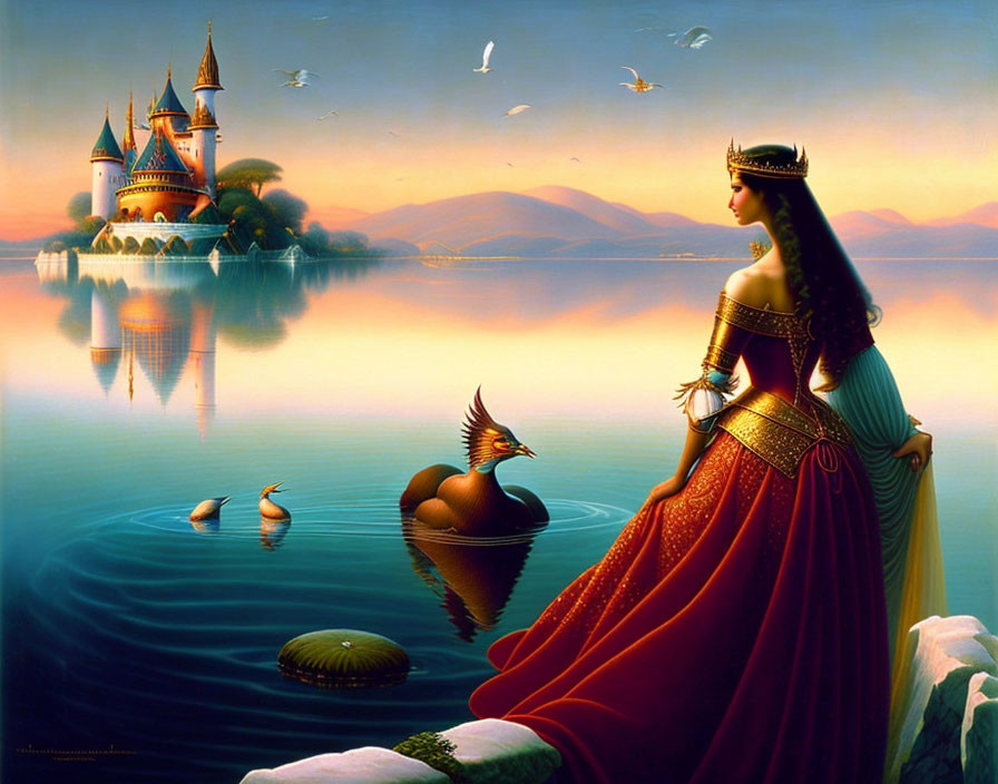 Royal princess in red and gold dress by lake at sunset with swan and castle.