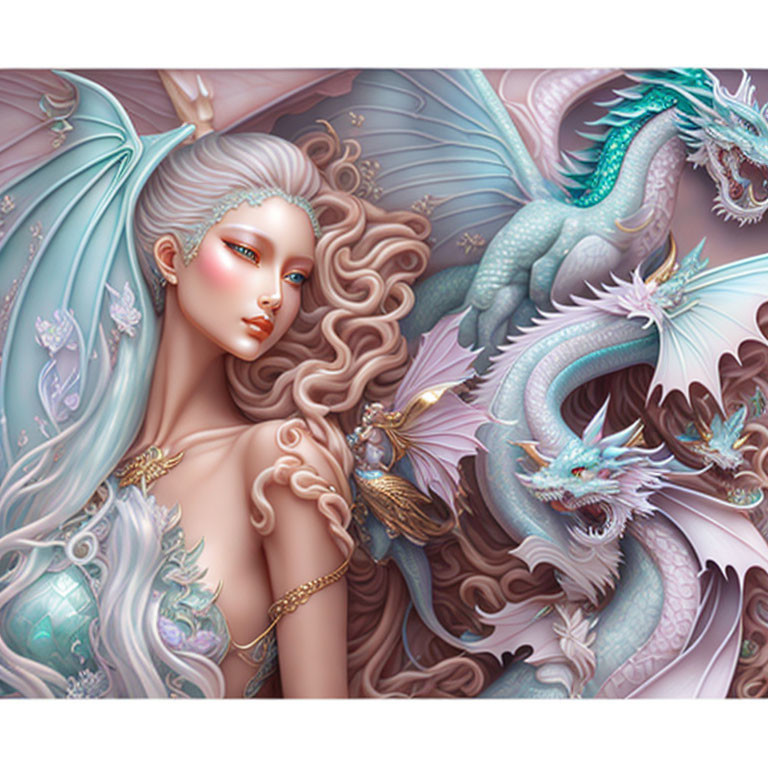 Fantasy illustration of woman with pale hair and elfin ears with serpentine dragons in pastel