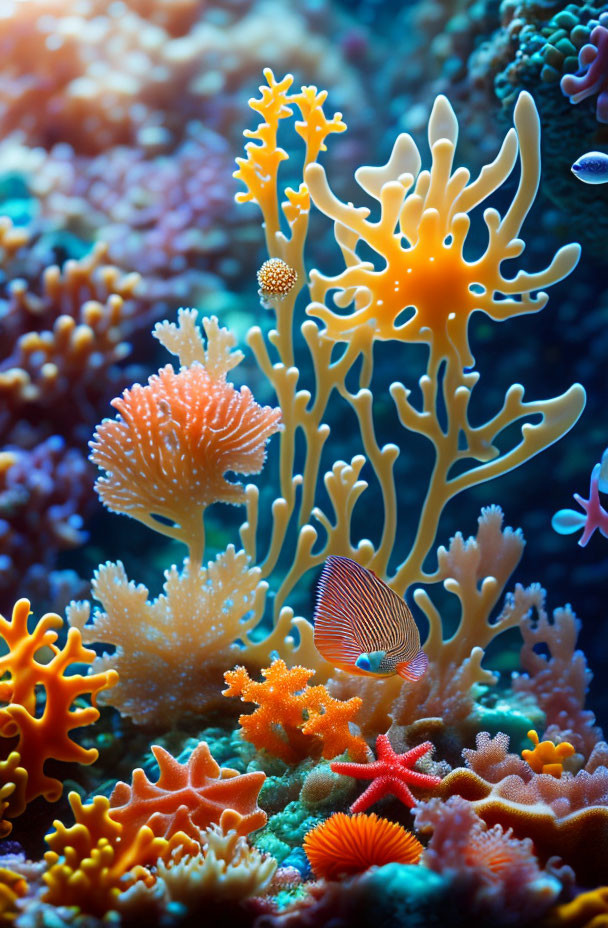 Colorful Coral Reef with Striped Fish Swimming