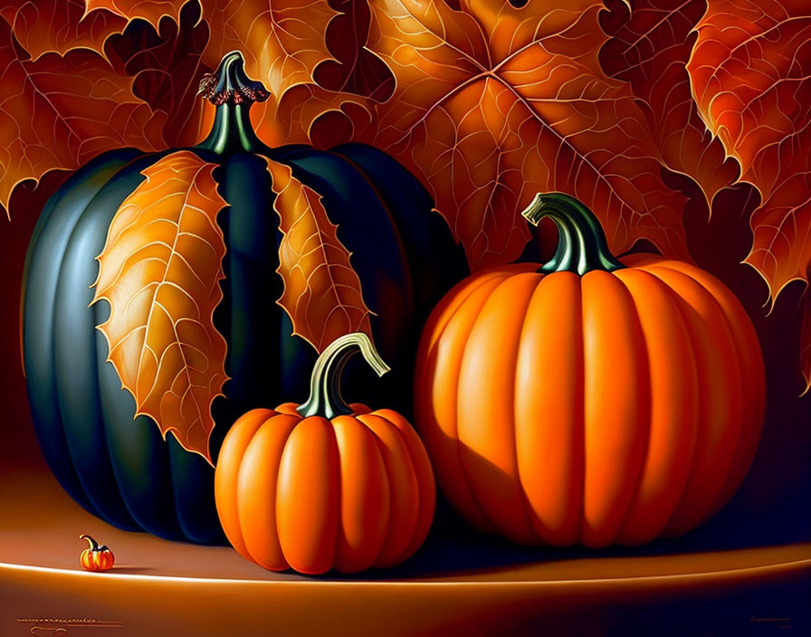 Colorful Pumpkins Among Autumn Leaves and Veins