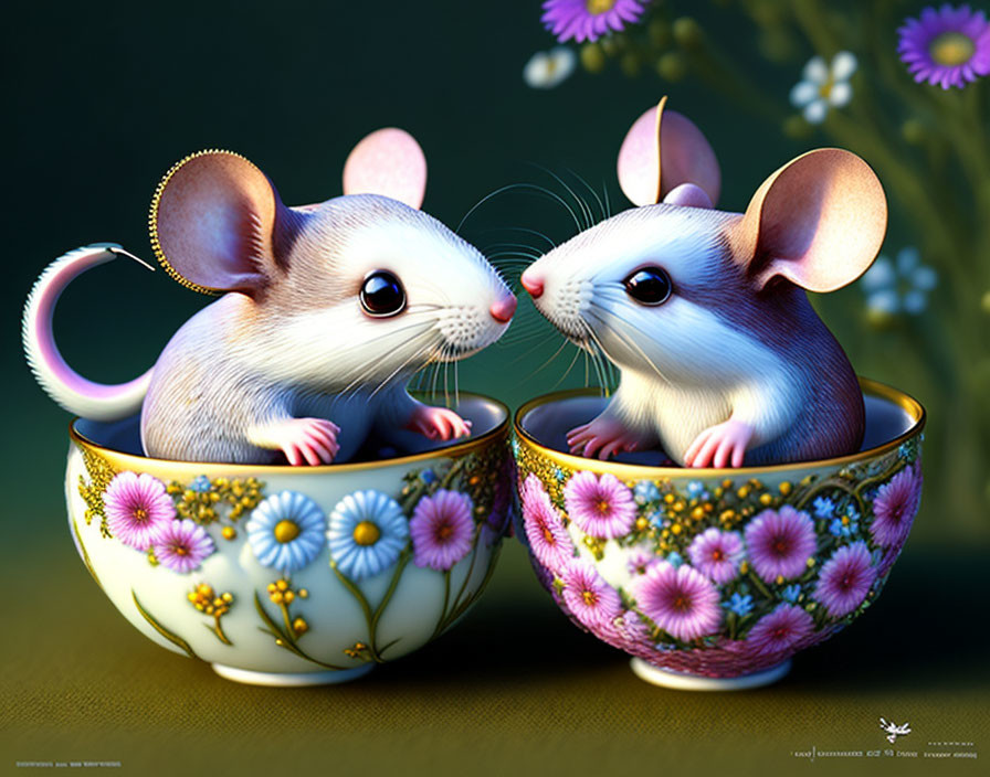 Two animated mice in ornate floral teacups on dark green background