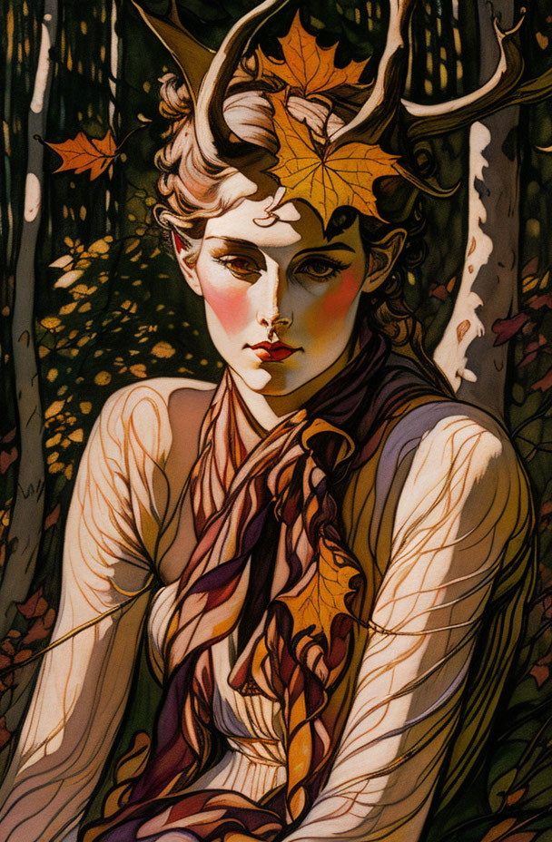 Illustrated character with antlers and autumn leaves, draped garment, in forest setting.