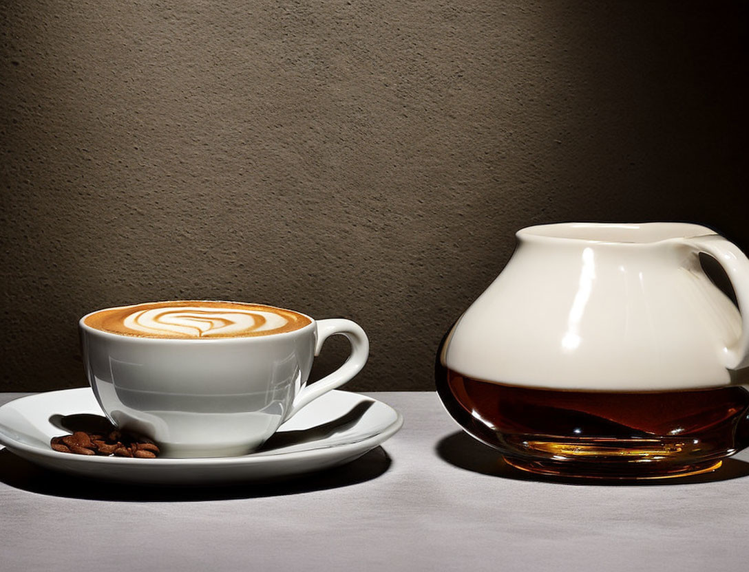 Latte Art Coffee Cup on Saucer with Coffee Beans and Glass Coffee Pot