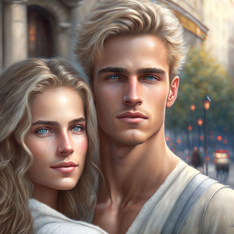 Young couple with blue eyes and blond hair in digital artwork