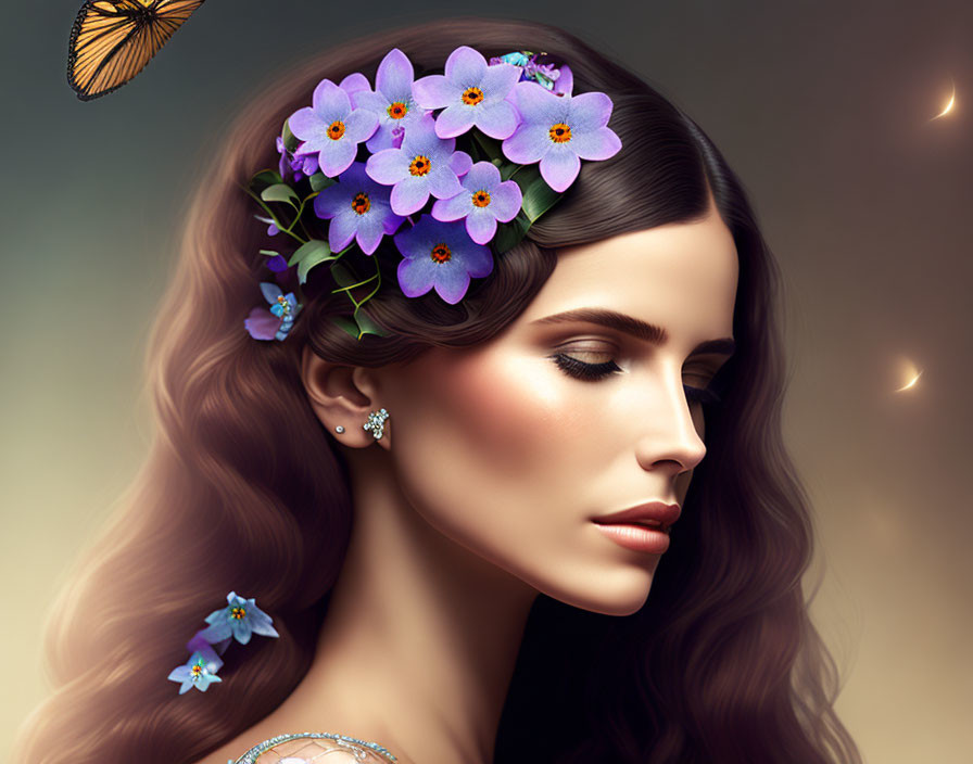 Woman with floral headpiece and butterflies in serene setting