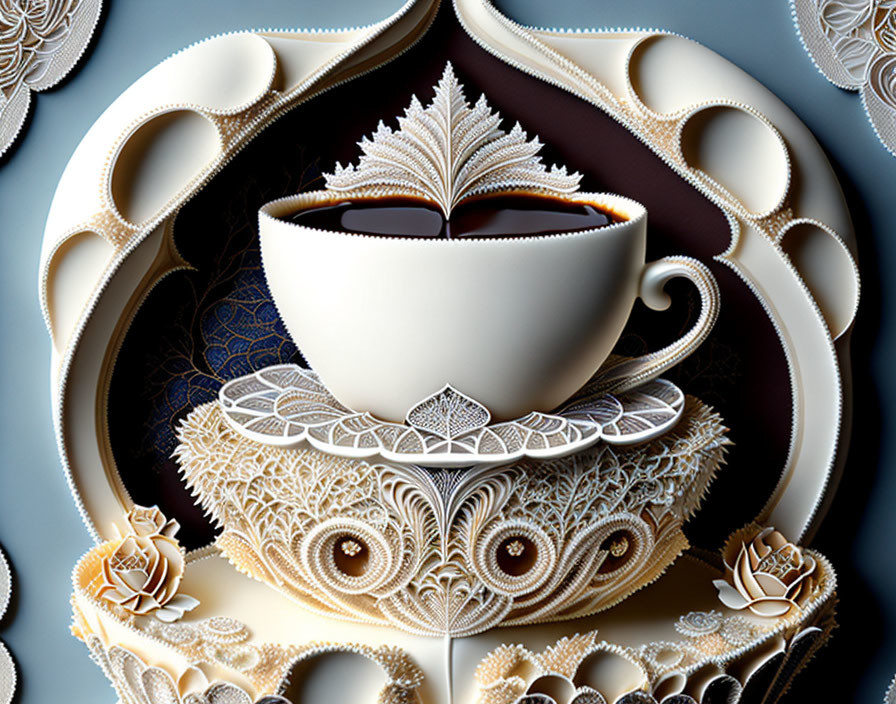 Detailed digital illustration of coffee cup with steam-shaped book on ornate saucer against dark backdrop