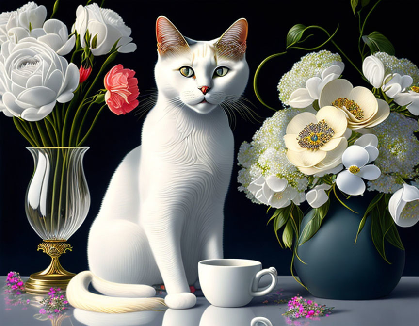 White Cat with Blue Eyes Surrounded by Flower Bouquets and Cup