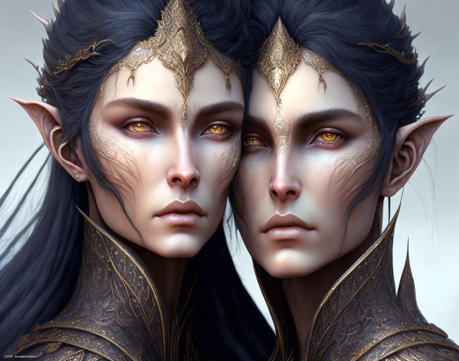 Fantasy characters with pointed ears, golden tattoos, and yellow eyes.