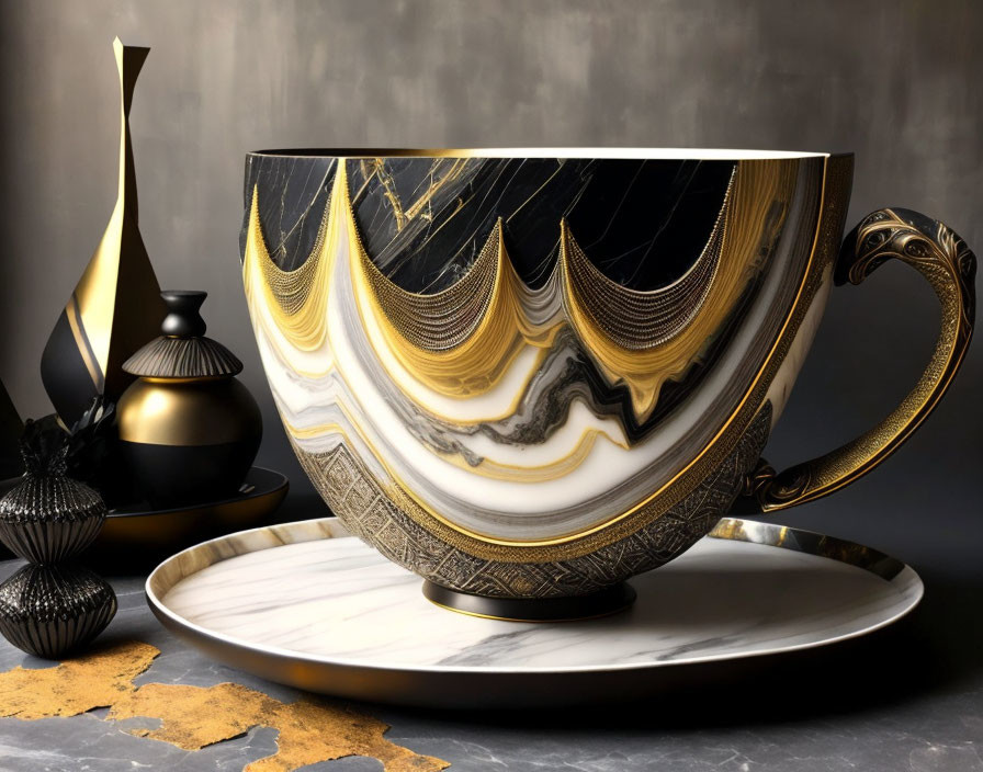 Black and Gold Marbled Cup, Pitcher, and Ornament on Tray