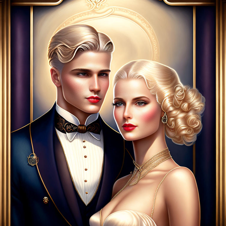 Vintage Formal Attire Illustration of Elegant Couple with Medal and Pearl Necklace