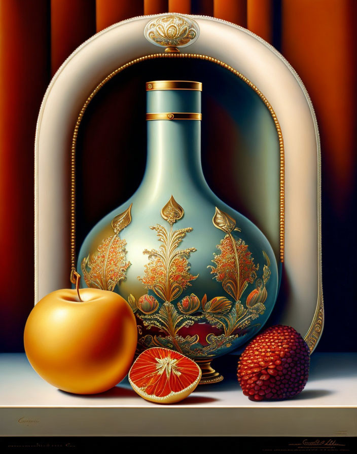 Ornate blue bottle, golden apple, blood orange, and textured fruit in still-life painting