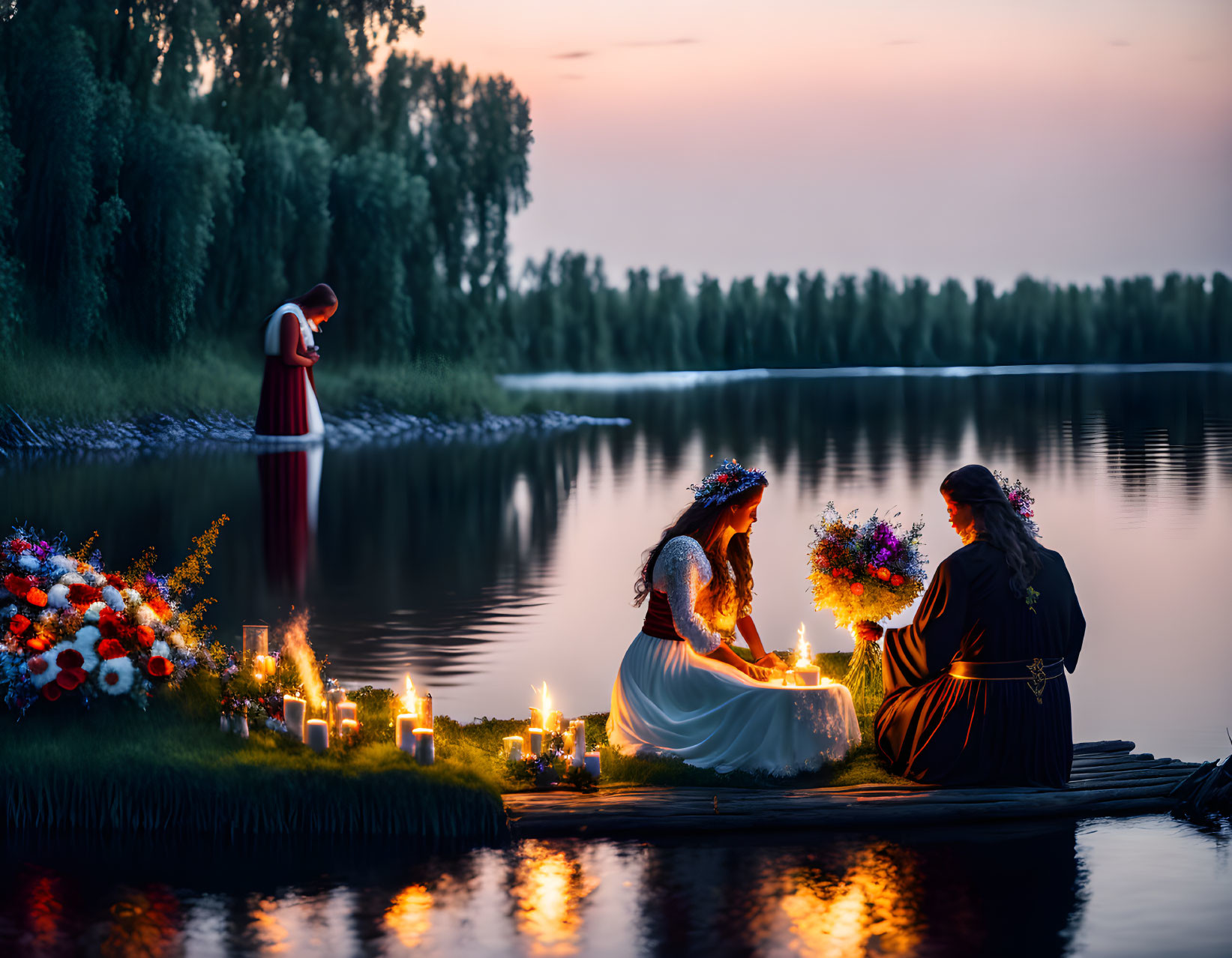 Two women with floral crowns at lakeside with candles and bouquet.