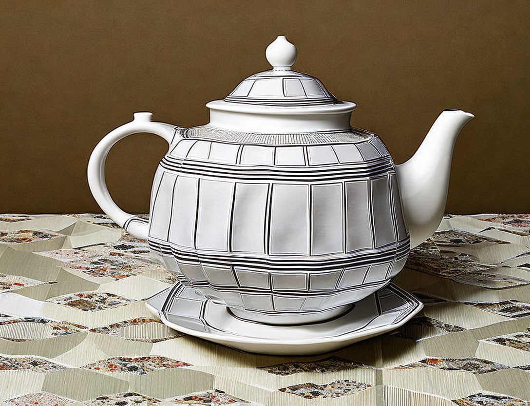 Geometric patterned white ceramic teapot on quilted tablecloth