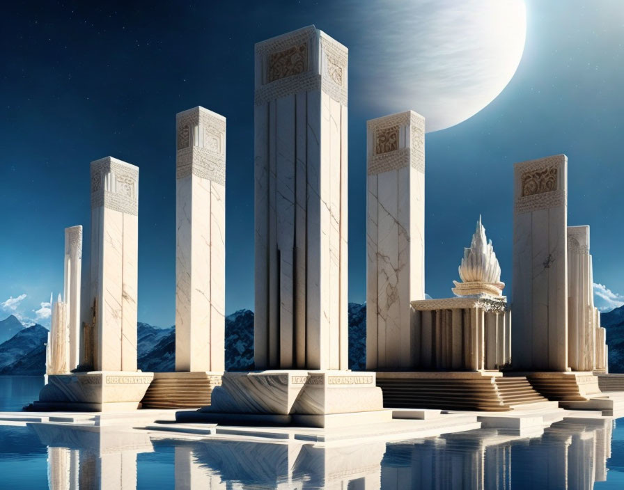 Digital Art: Classical Pillared Structure on Reflective Surface Under Moonlit Night Sky