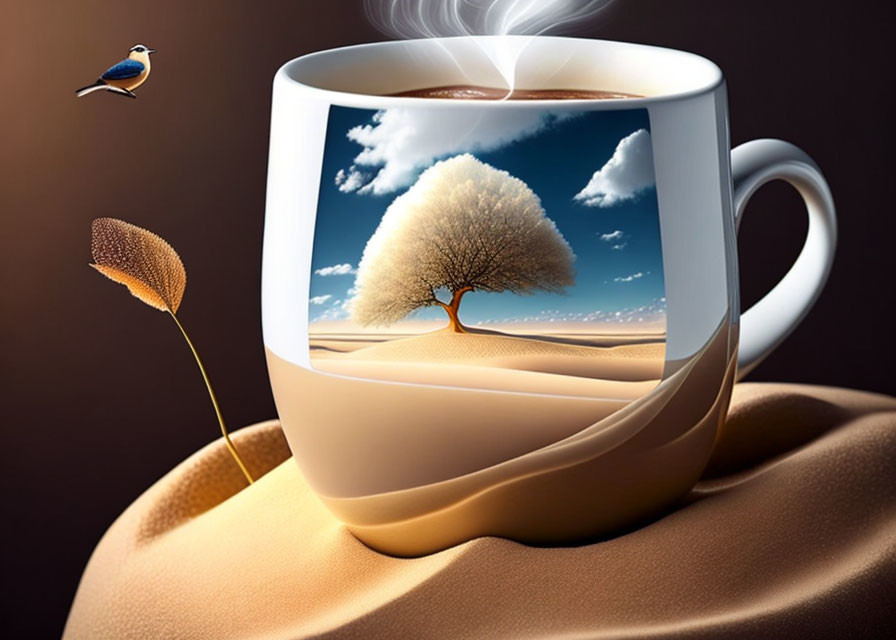 Surreal image of steaming coffee cup in desert landscape