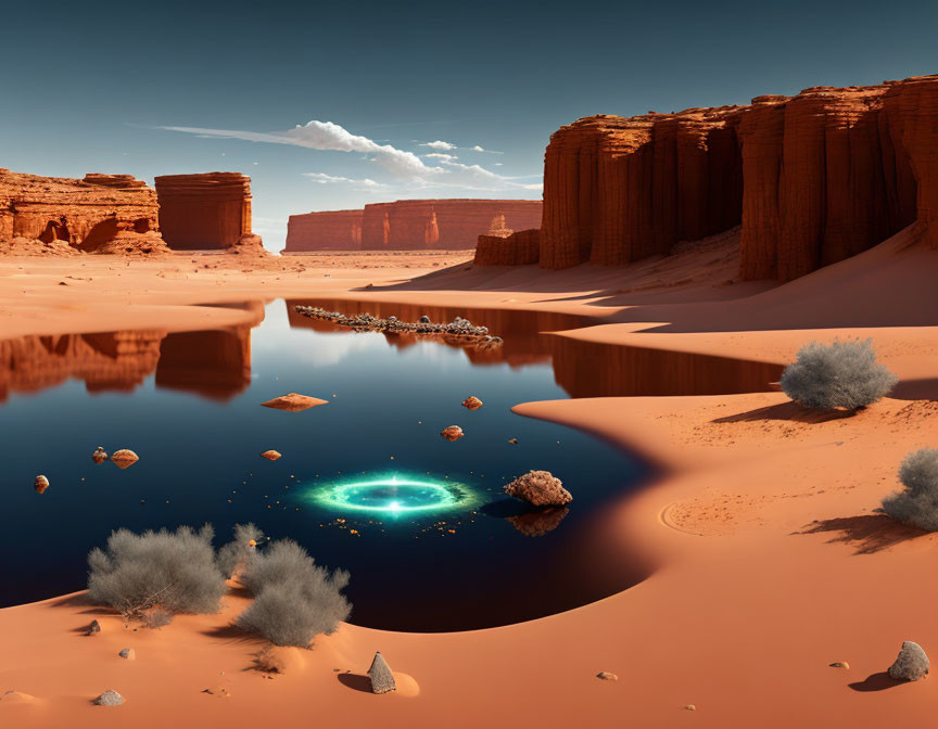 Sandstone cliffs, reflective water, vegetation, and mysterious glowing symbol in desert landscape