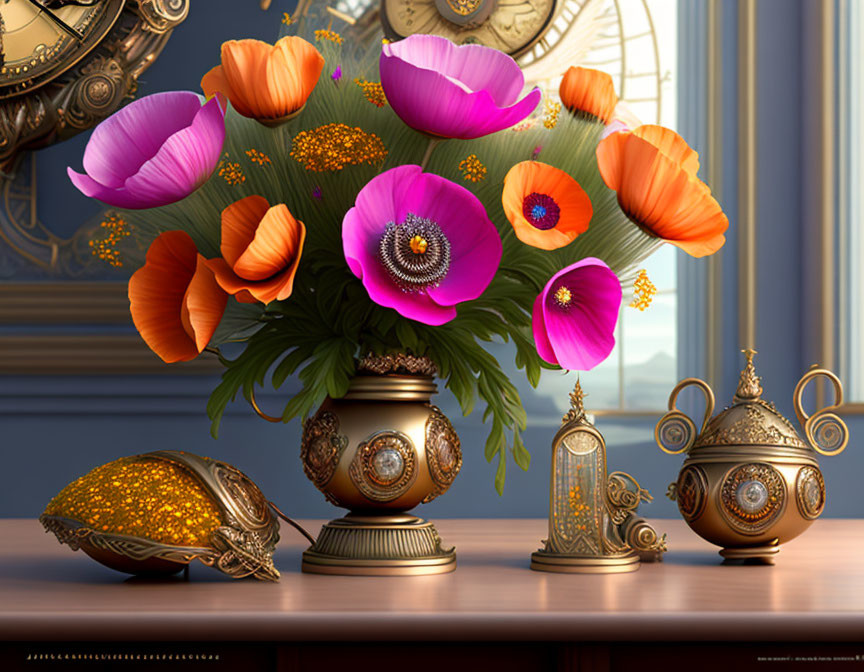 Vibrant tulips and poppies in ornate vase with golden eggs and clocks