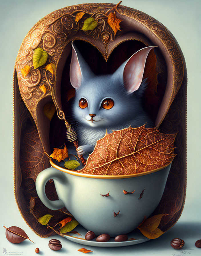 Grey Kitten in Autumn-Themed Heart Teacup with Coffee Beans