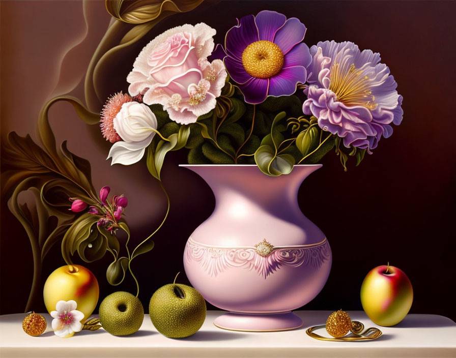 Pastel vase with flowers, fruits, and nuts on reflective surface