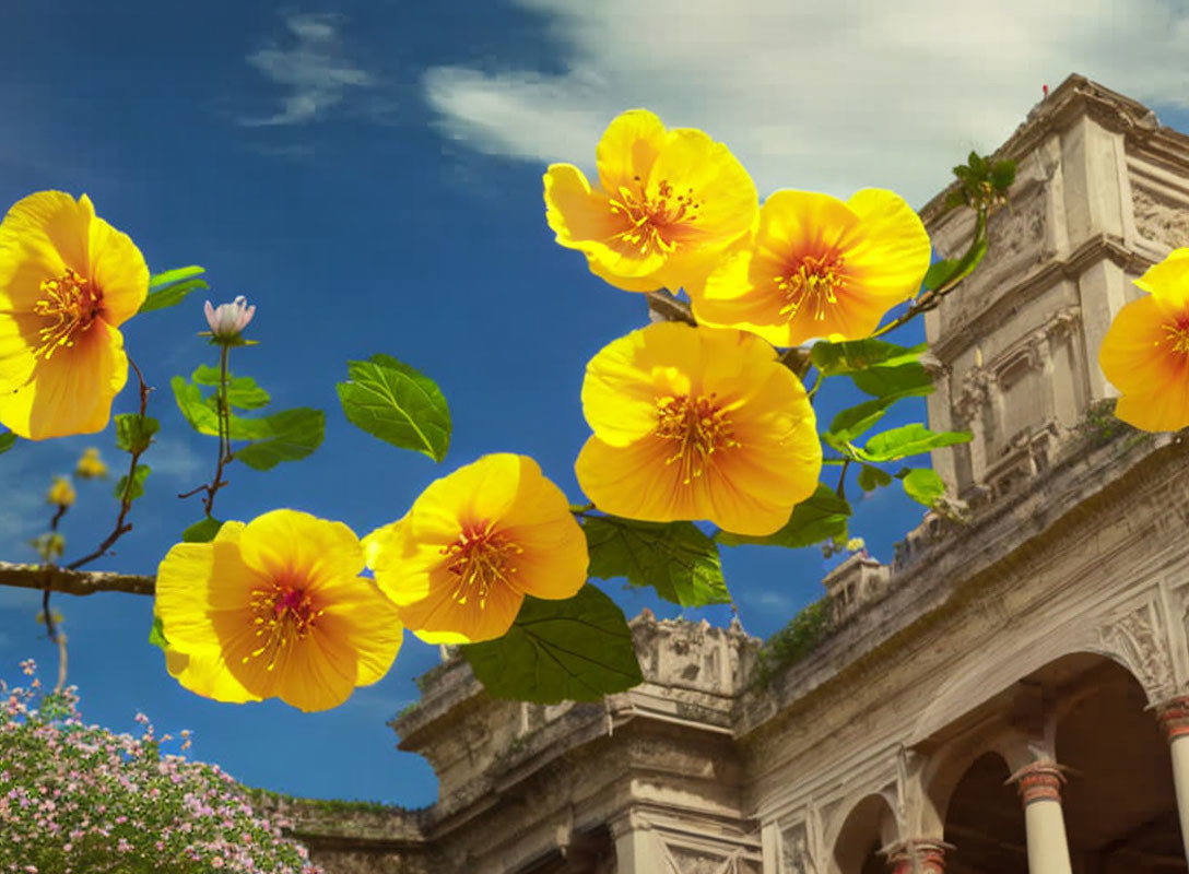 Yellow Hibiscus Flowers with Historical Building and Blue Sky