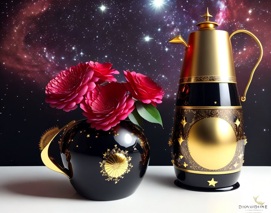 Black Vase with Red Flowers and Gold Coffee Pot on Reflective Surface