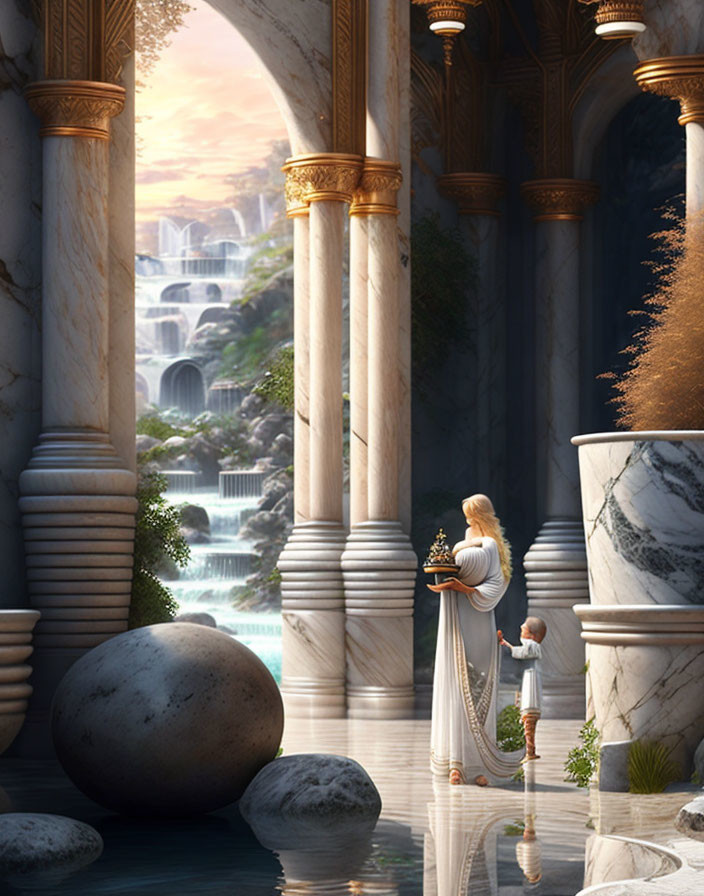 Woman and Child in Classic Attire Among Pillars and Waterfalls