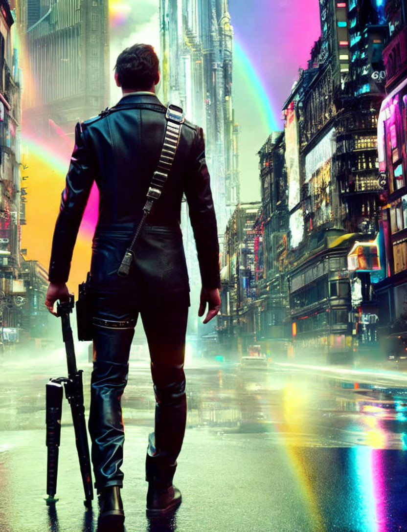 Person in black leather jacket stands in neon-lit city street with futuristic skyline