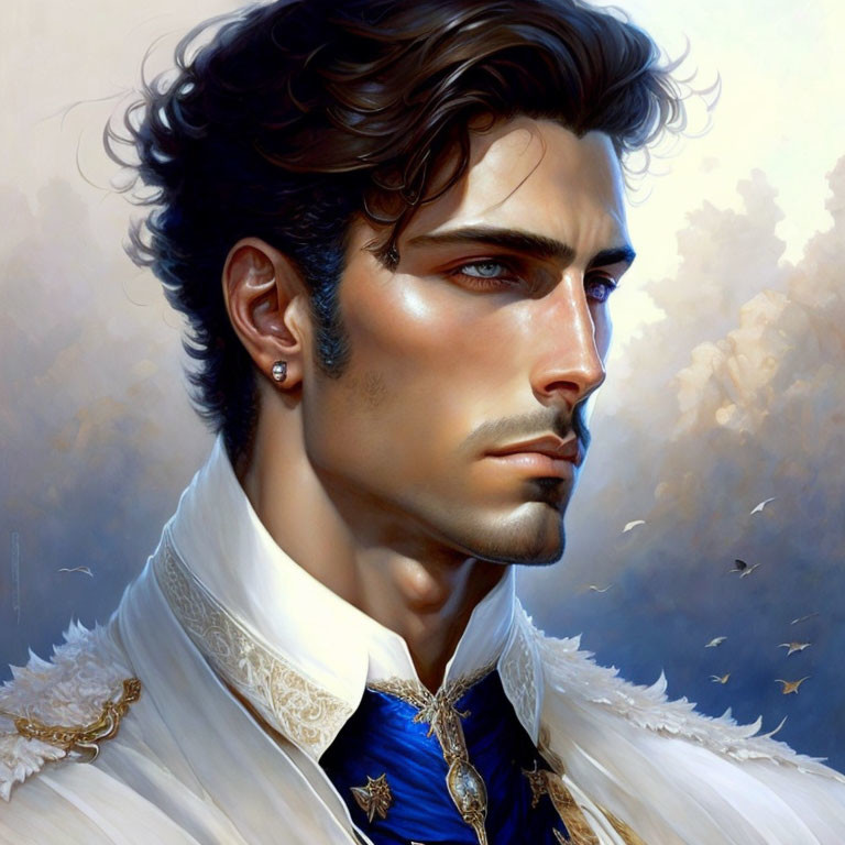 Man with Blue Eyes in White and Blue Military Jacket - Digital Artwork