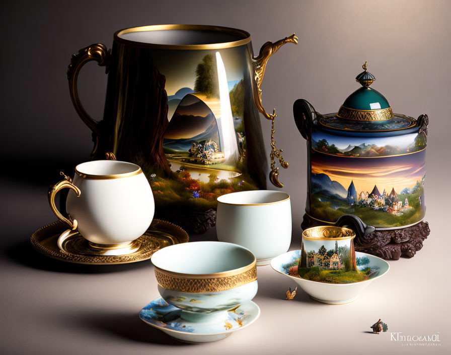 Intricate Landscape Painted Tea Set with Gold Trimmings