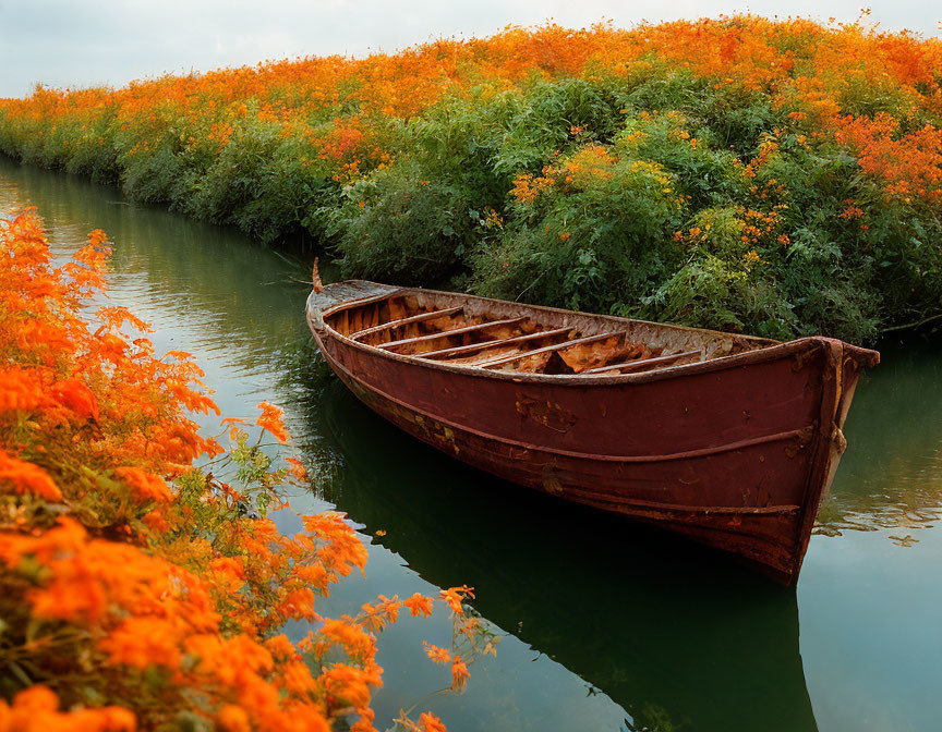 Rusty boat on calm water with orange flowers and hazy sky