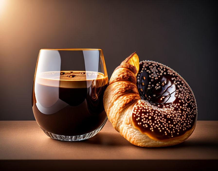 Dark liquid glass beside chocolate glazed donut and croissant on brown backdrop