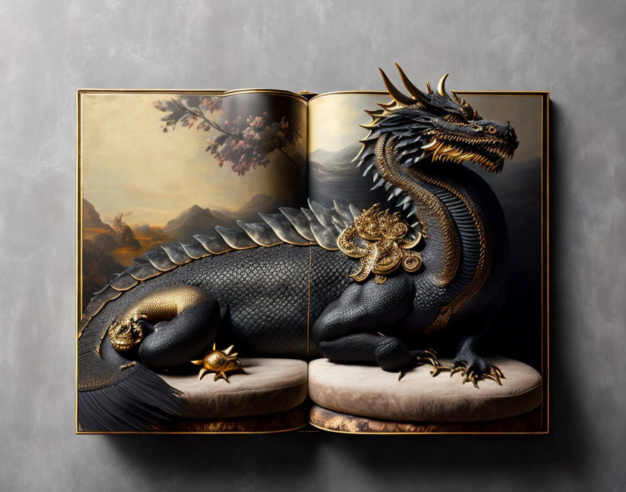 Black dragon with golden adornments emerges from open book