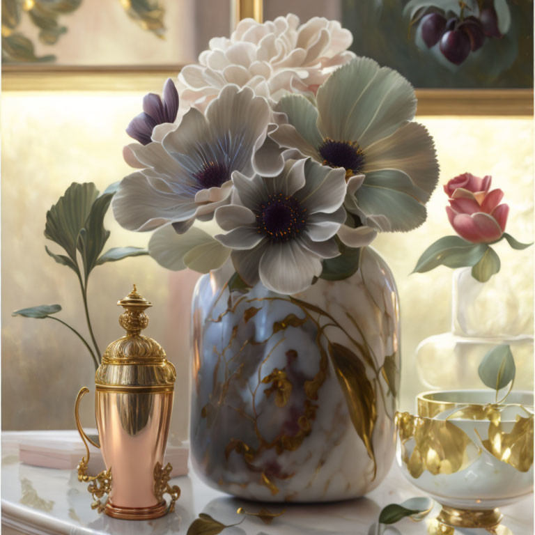 Pale Flowers in Marble Vase with Golden Teapot and Cup on Softly Lit Background