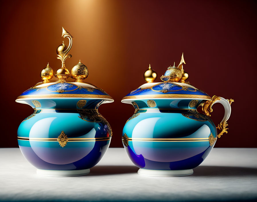 Ornate porcelain jars with blue glaze and gold embellishments on warm backdrop