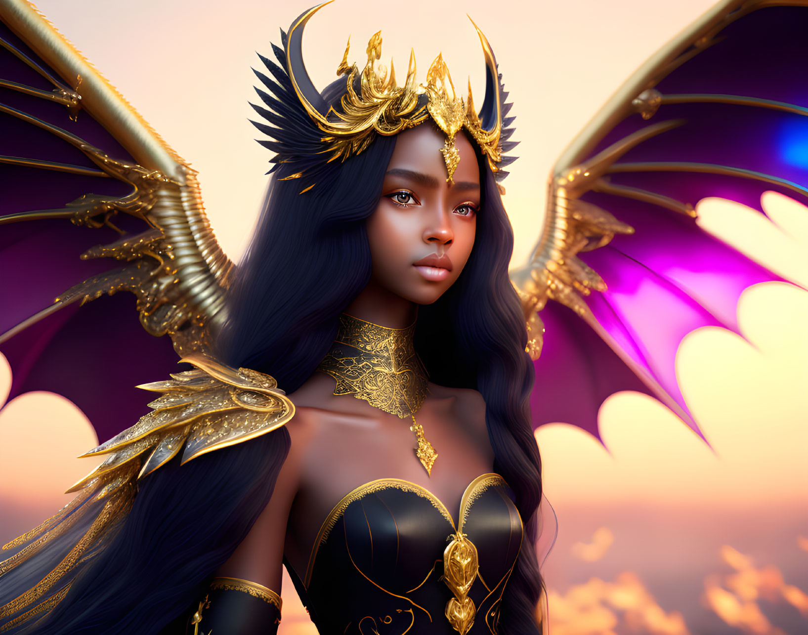 Regal female character in golden armor with dragon-like wings at sunset