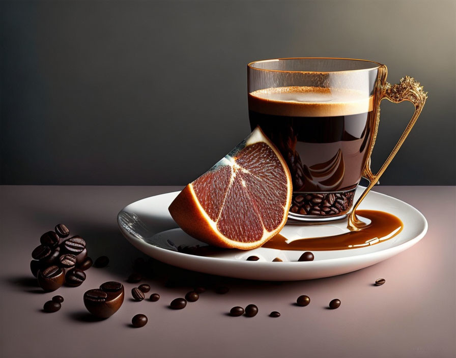 Glass of Coffee with Orange Slice, Beans, Gold Spoon, and Spilled Coffee