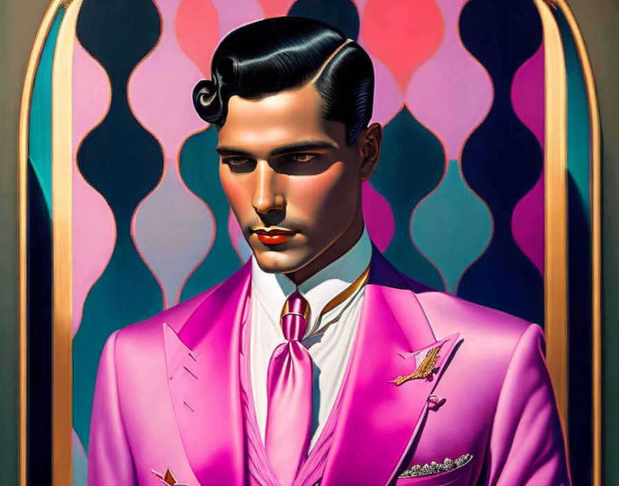 Colorful Art Deco Background with Man in Pink Suit