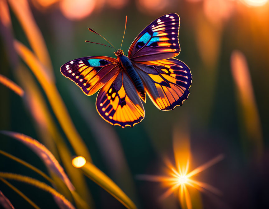 Colorful Butterfly with Orange, Black, and Blue Patterns on Green Foliage at Sunset