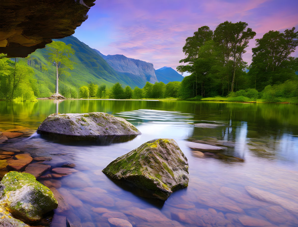 Tranquil Lake Scene with Clear Waters and Mountain Backdrop