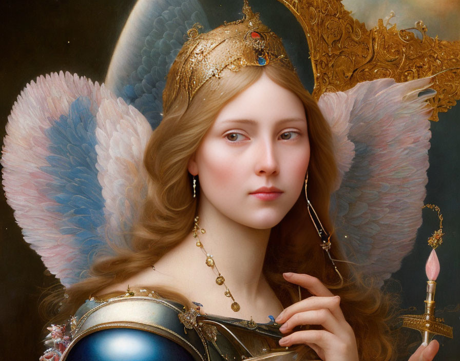 Fantasy portrait of a woman with angel wings in medieval armor and crown