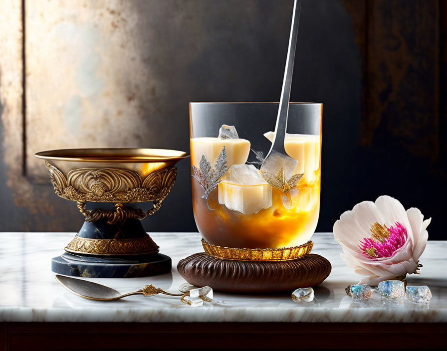 Cold Brew Coffee in Glass with Metal Straw on Marble Surface