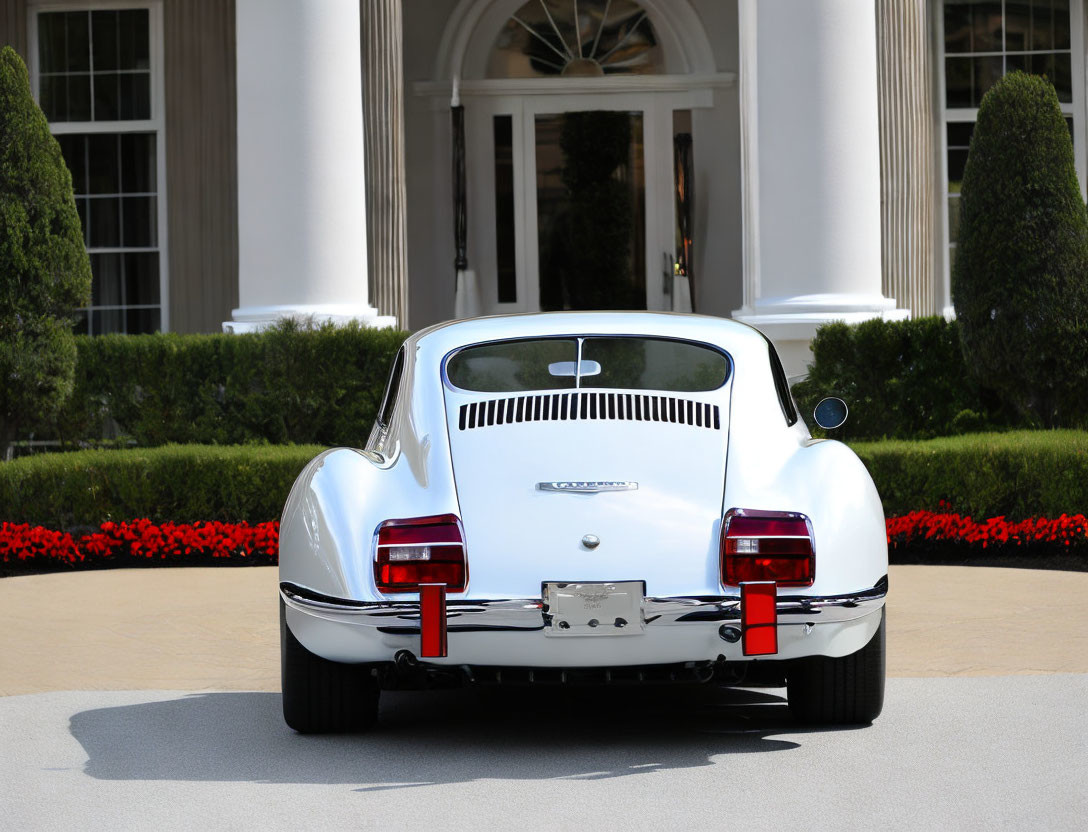 Vintage White Porsche 911 Parked by Building with White Columns and Red Flowers