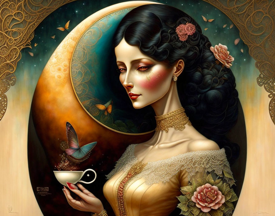 Dark-haired woman holding cup with butterfly under crescent moon in golden fantasy setting