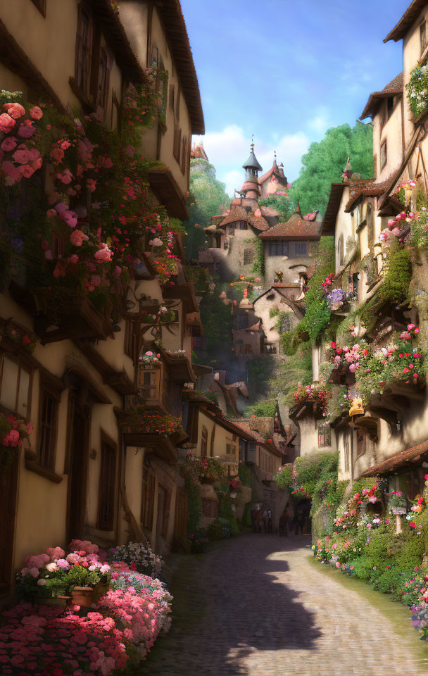 Charming sunlit village with cobblestone street and castle