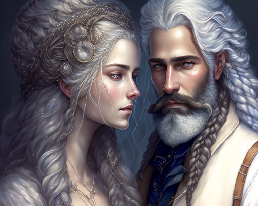 Fantasy Couple Illustration with Silver Hair and Bejeweled Headpiece