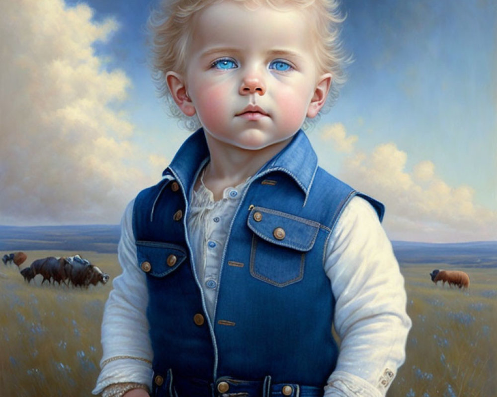 Detailed painting of young child with blue eyes and blonde hair in denim vest, backdrop of bison in