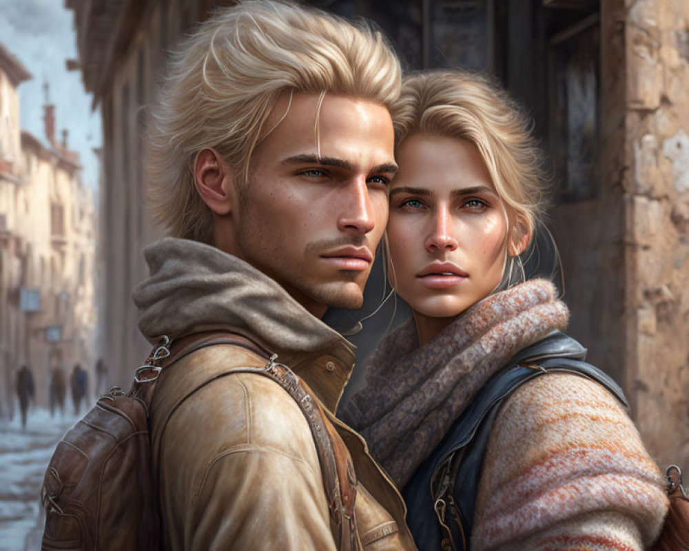 Blonde-Haired Siblings with Blue Eyes in Old European Street