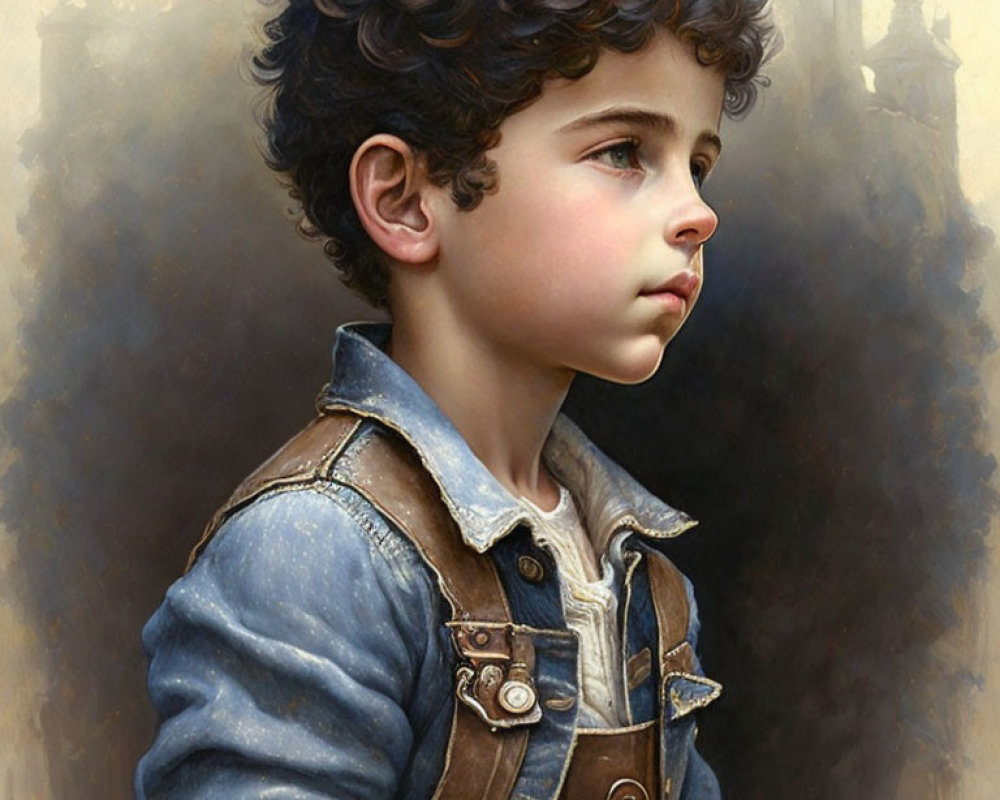 Profile portrait of young boy with curly hair in denim jacket and vest on neutral background