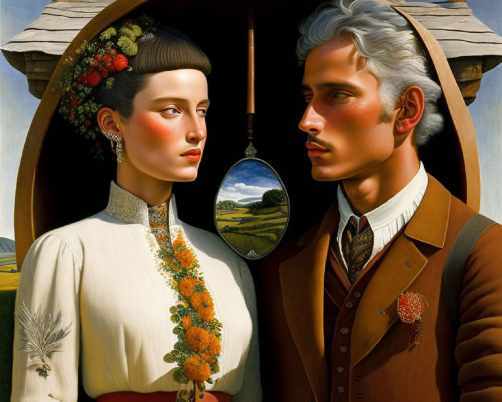 Surrealistic painting: man, woman, keyhole, countryside landscape